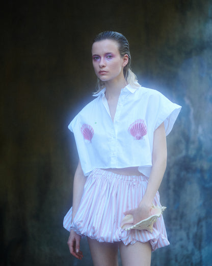 CAMISA CROP TOP ALGODON BLANCA CONCHAS BIKINI