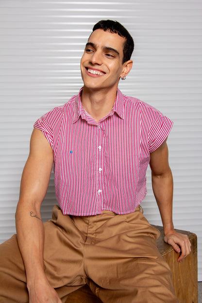 CAMISA CROP TOP ALGODÓN  RAYADA BLANCA Y ROJO.