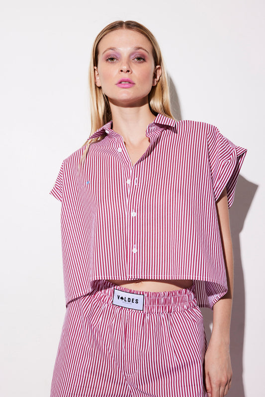 CAMISA CROP TOP ALGODÓN  RAYADA BLANCA Y ROJO.